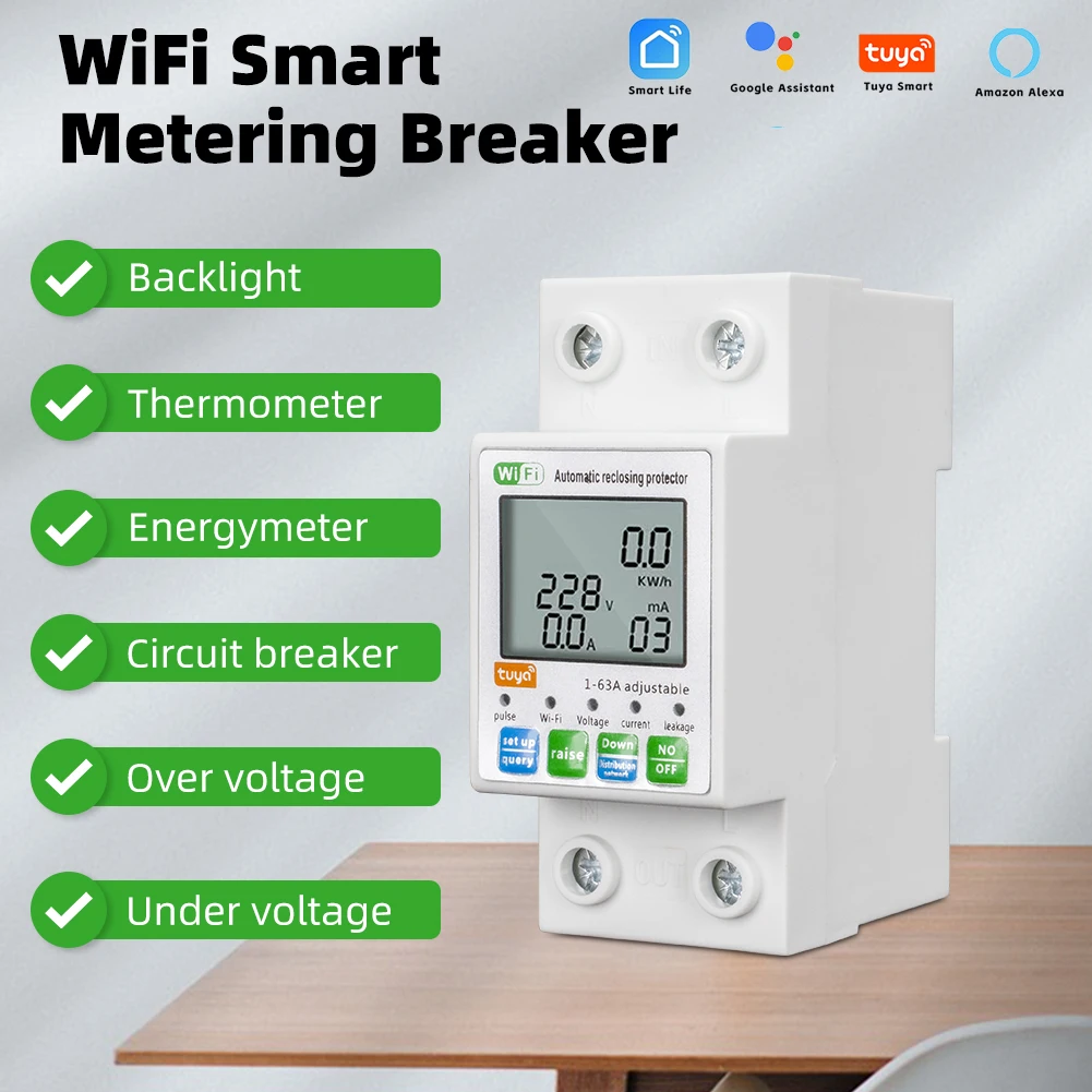 RMshebei Tuya Smart WiFi Circuit Breaker 220V 2P 63A Remote Control Timing Switch Over-Voltage Overload Leakage Protection
