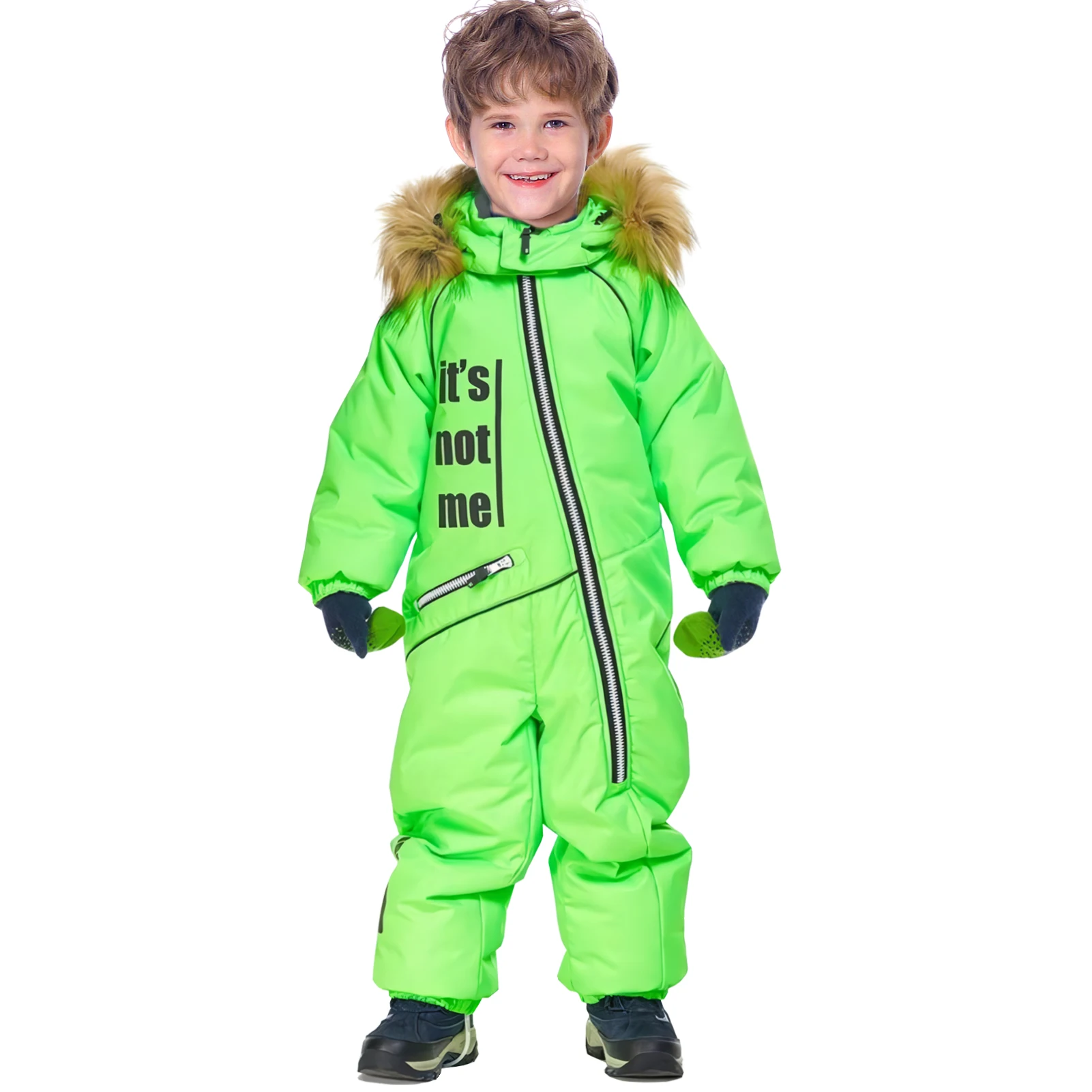 

One-piece Boys Snowsuit Fur Hood Girls Jumpsuit Waterproof Windproof Children's Winter Warm Snowboarding Wear Fashion Ski Suits