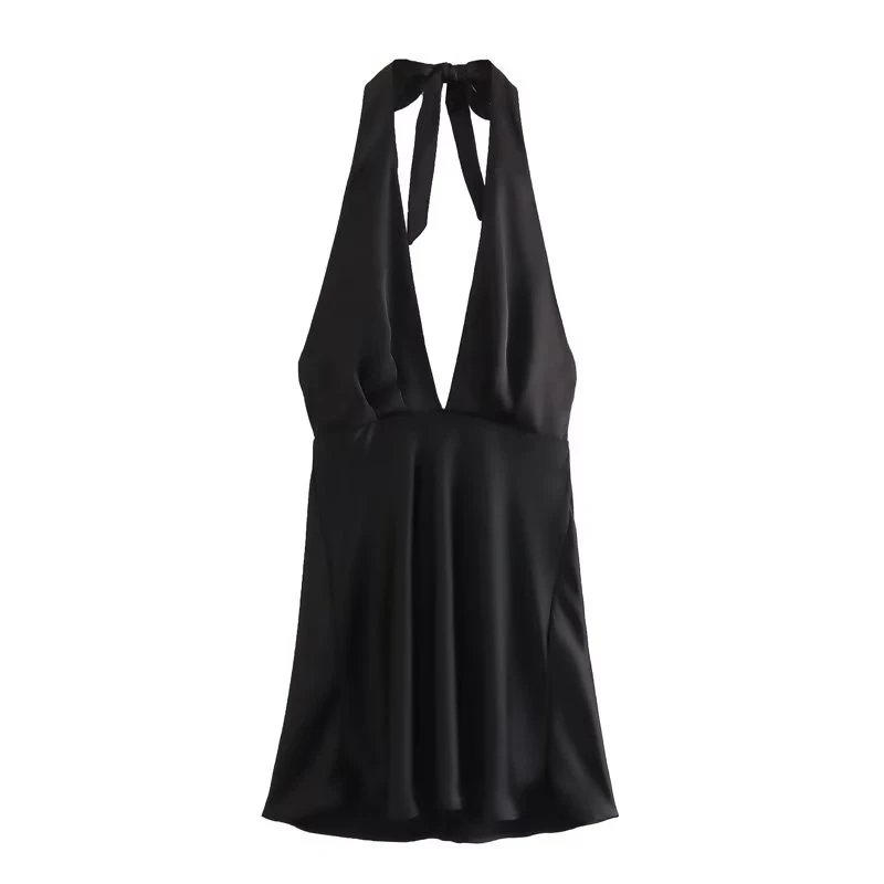 

2023 Summer New Sexy Halter Neck Short Dress Silk Satin Texture Black A-line Skirt V-neck Fashion miniskirt