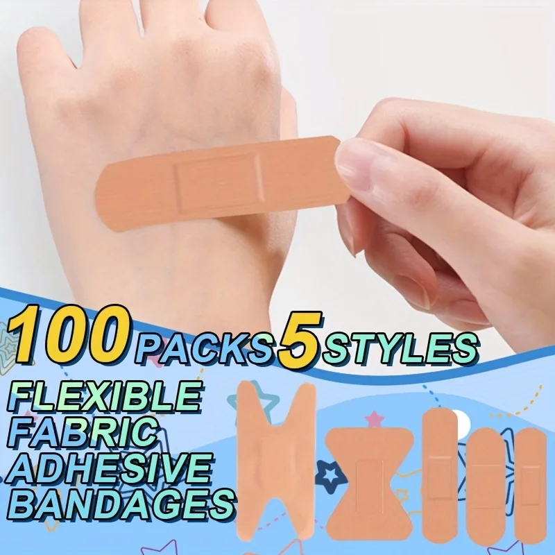 100pcs Flexible Fabric Adhesive Bandage Breathable Elastic Knuckle Bandage Assorted Bulk Fingertip Bandages for First Aid and Wo 5