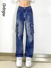 

Darlingaga Korean Fashion Blue Straight Washed Cargo Pants Women Jeans Casual Basic Big Pockets Denim Trousers Baggy Spring 2022