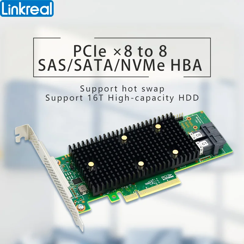 Linkreal PCIe x8 to 8 Port SAS/SATA/NVMe HBA Expansion Card LRTM9C16 8I