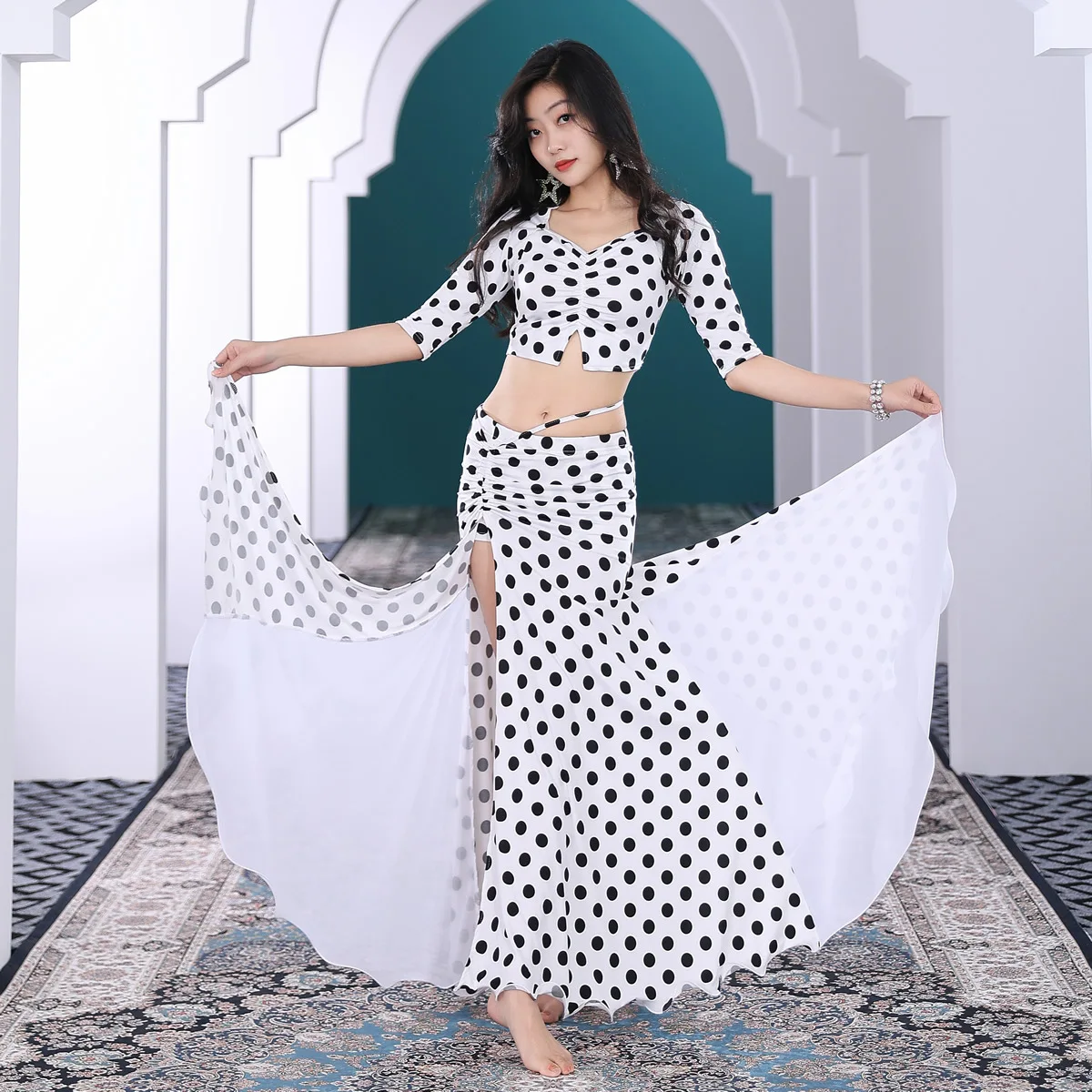 

Hot Sale Hight Quality Women Girls Practice Costume Sexy Polka Dot Dress Belly Dance Set
