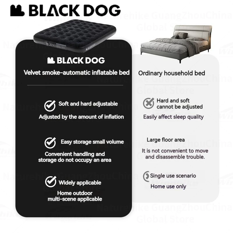 Naturehike BLACKDOG Built In Pump PVC Inflatable Mattress Outdoor Camping Travel Air Bed Sleeping Pad Mat 25cm Thickened Cushion