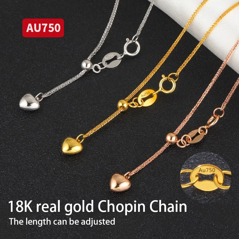 

18K Gold Chopin Necklace Au750 Plain Chain Women 's Adjustable Stretching Extension Chain Heart-Shaped Clavicle Chain