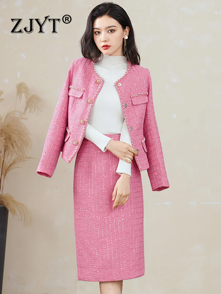 

ZJYT Pink Beading Tweed Woolen Jacket and Skirt Suit 2 Piece for Women Winter Party Outfit Office Lady Long Sleeve Dress Sets