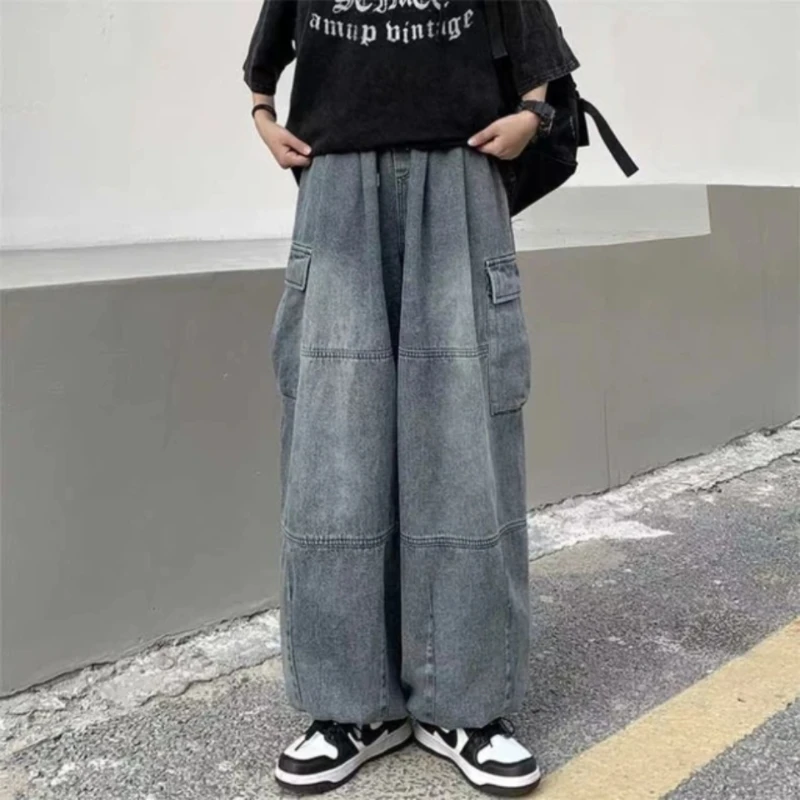 Spring Autumn Trousers Demin Baggy Jeans Straight Cylinder Wide Pants Pockets Elastic Waist Streetwear Loose comfortable Pants