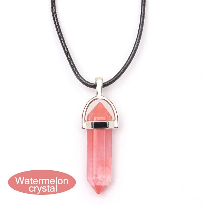 Natural stone pendant necklace quartz crystals hexagonal column pendulum leather necklaces hexagon rose crystal necklace 4
