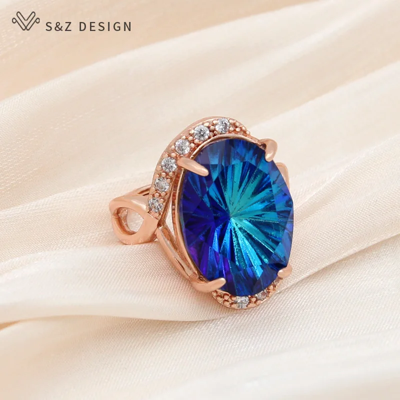 S&Z DESIGN New Fashion 585 Rose Gold Color Egg Shape Oval Crystal Rings For Women Wedding Party Elegant Jewelry Trendy Gift