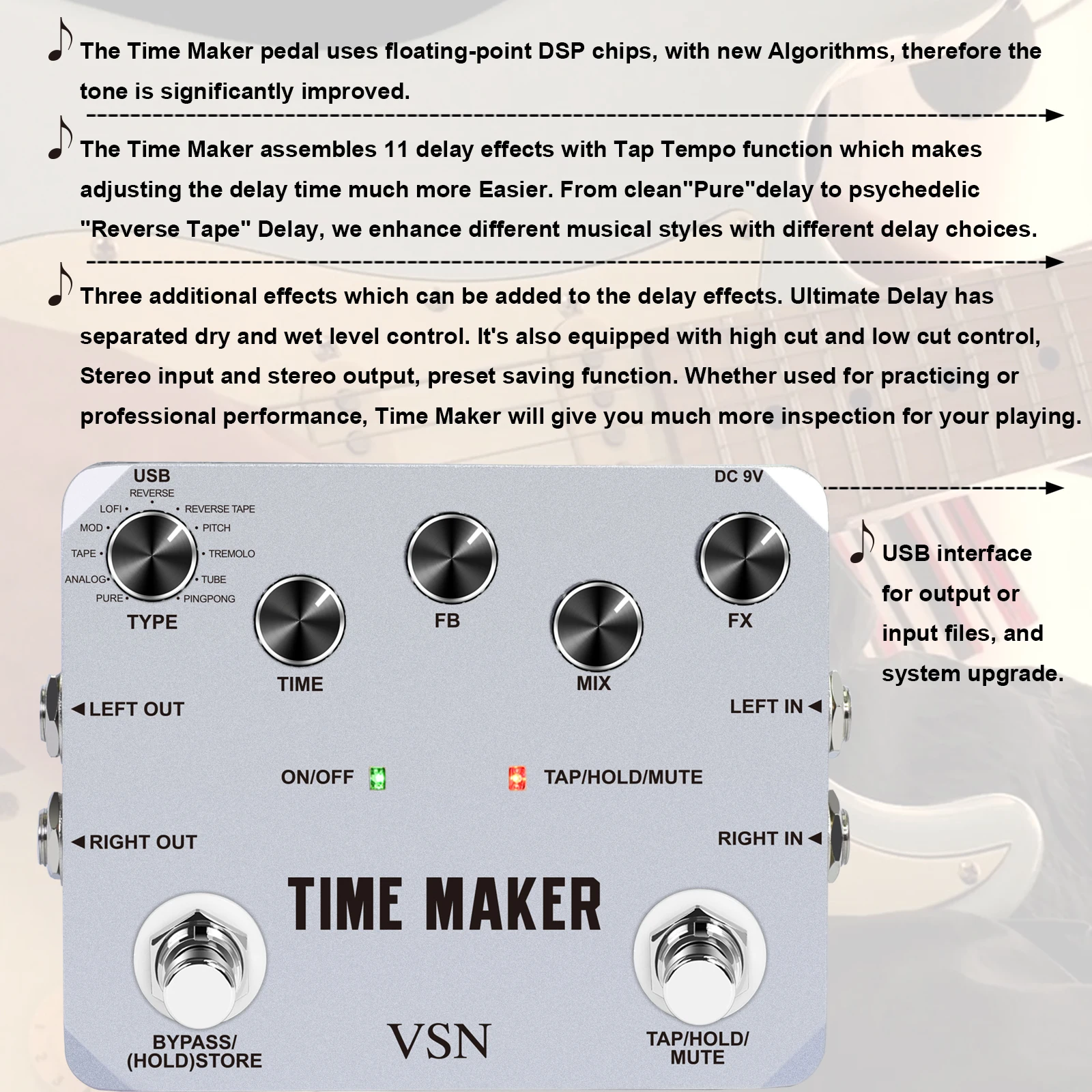 

VSN LTD-02 Guitar Time Maker Pedal Ultra Delay Effect Pedals For Electric Guitars 11 Types Delay Rowin LTD-02 Guitar Time Make