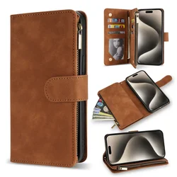 Luxury Leather Wallet Case with Multi-Card Zipper and Magnetic Kickstand for iPhone 13 Pro (Brown)