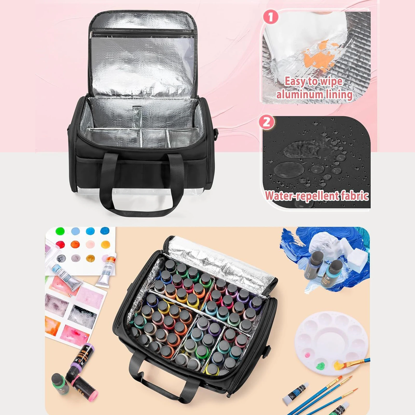아크릴 페인팅 보관 케이스는 60병(2온스)을 수용할 수 있으며, 어깨끈과 손잡이가 있는 미술 용품 휴대 가방으로, 예술가들에게 이상적입니다.