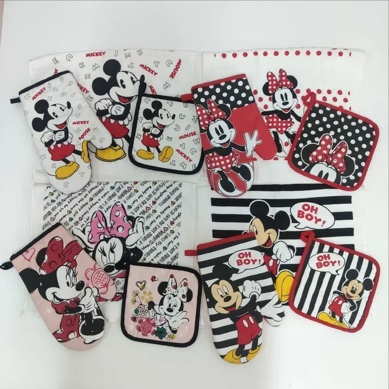 Disney Mickey Minnie Mouse Anti-Hot Gloves Thick Placemat Cup Coaster Towel Cartoon Cute Thick Cotton Kitchen Microwave Supplies