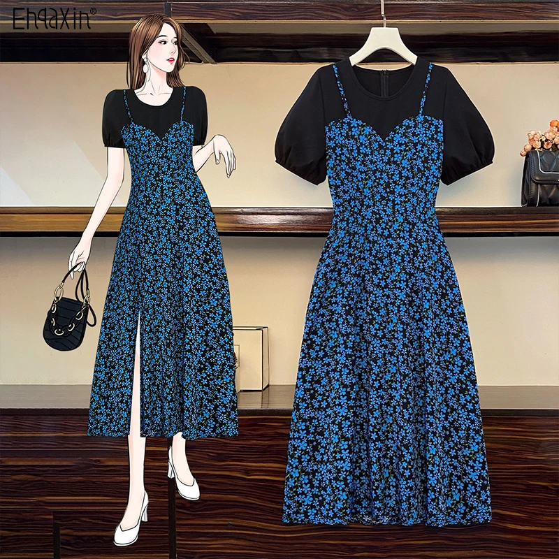 

EHQAXIN Summer New Women's Dress 2022 Casual Split High Waist Sling Floral Stitching Long Short-Sleeved Dresses XL-5XL