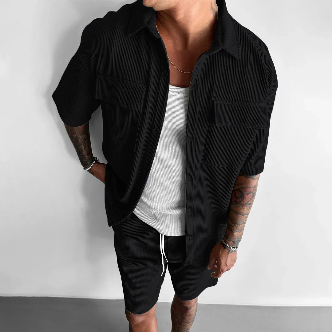 Trendy Men Corduroy Shirt Set Summer Casual Short Sleeve Outfit Sporty Fashion Male Clothing