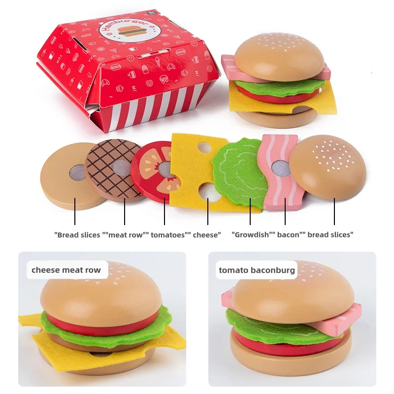 Children's simulation food toy set, wooden simulation burger, fries, wooden blocks, role-play, kitchen/shop, early learning toys 2