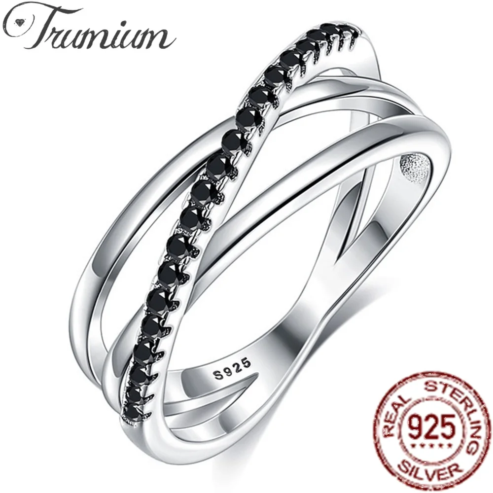 

Trumium Authentic 925 Sterling Silver Cross Rings for Women Black Zircon Eternity Engagement Wedding Bands Fine Jewelry Girl