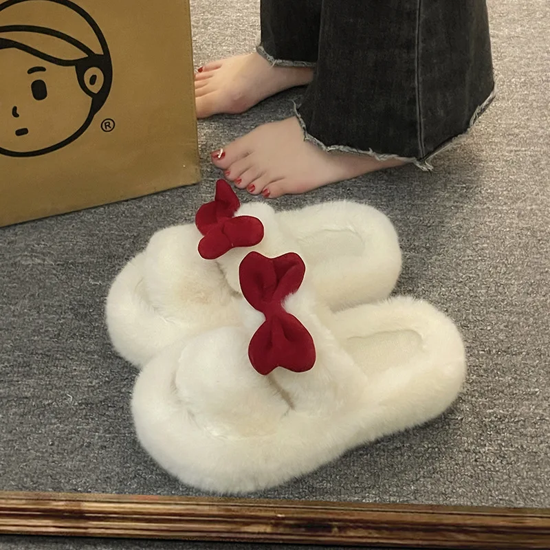 

House Slippers Platform Med Shoes Fur Flip Flops Slides Fashion Flock Slipers Women Butterfly-Knot Plush Flat Soft Luxury 2023 R