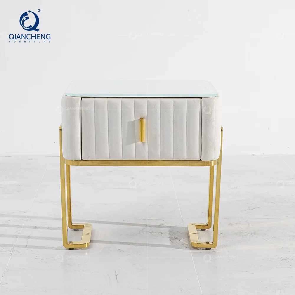 Minimalist Style Velvet Fabric Bedside Table With Strong Box Children's White And Gold Steel Bedside Cabinet With Table In China