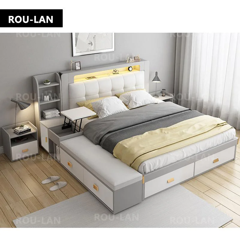 1.8m Multifunctional Bed Frame Modern Ultimate Bed with Storage LED Light King/queen size bed soft bed