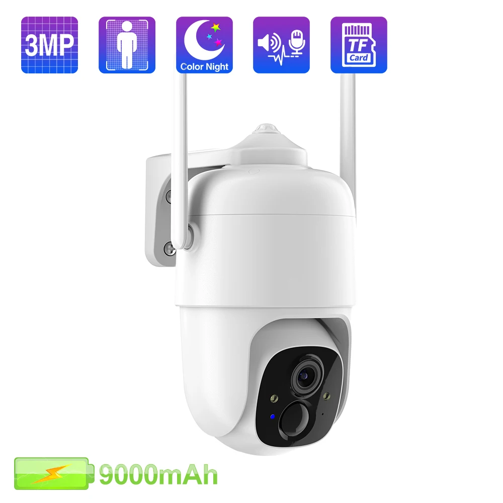 Techage 3MP PTZ 9000mAh Wireless Rechargeable Built in Battery Wifi IP Camera Outdoor Human Detect Recorder Color Night Vision