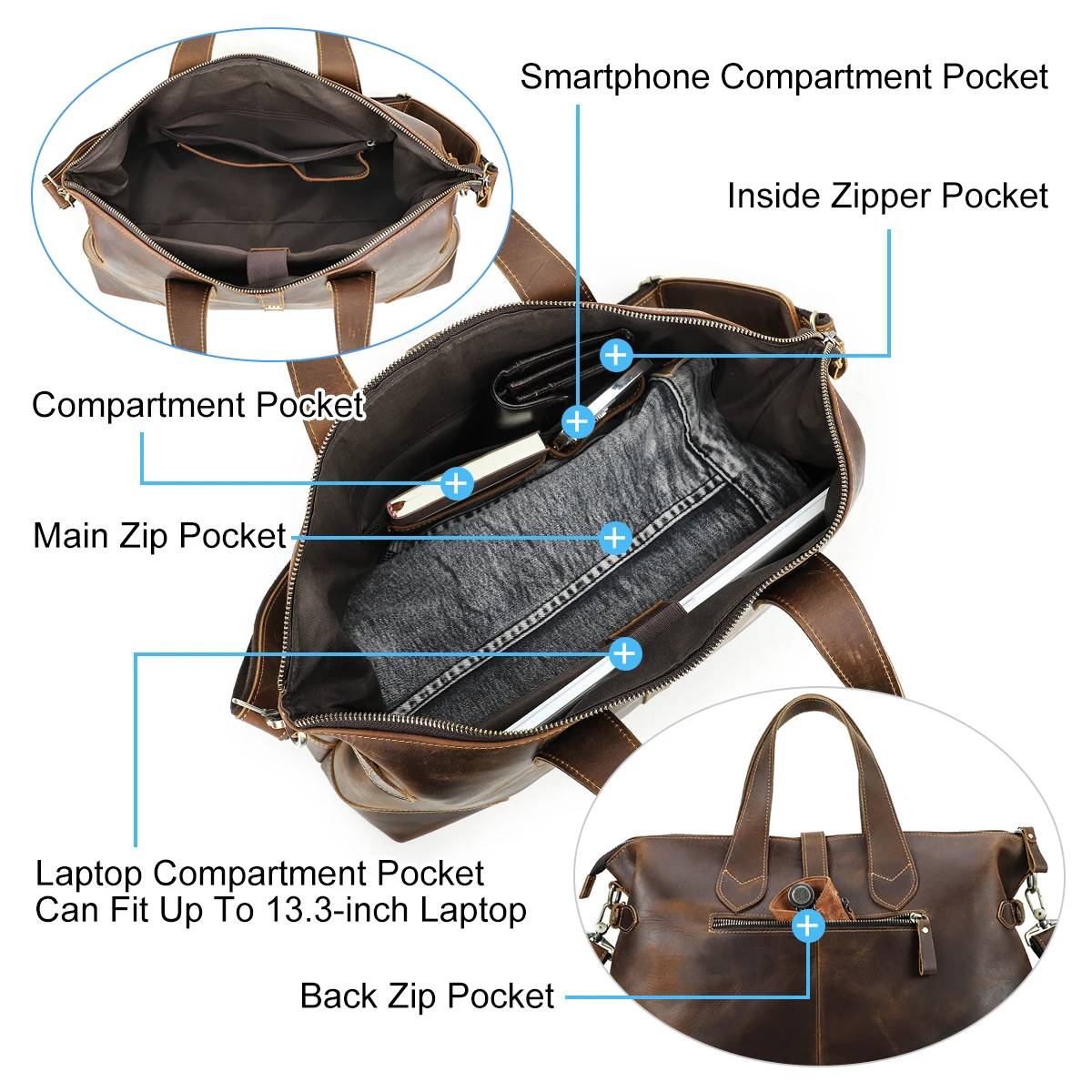 Contact\'s Men Crazy Horse Leather Travel Bag Multifunctional Business Casual Luggage Bag Large Capacity Vintage Tote Handbags