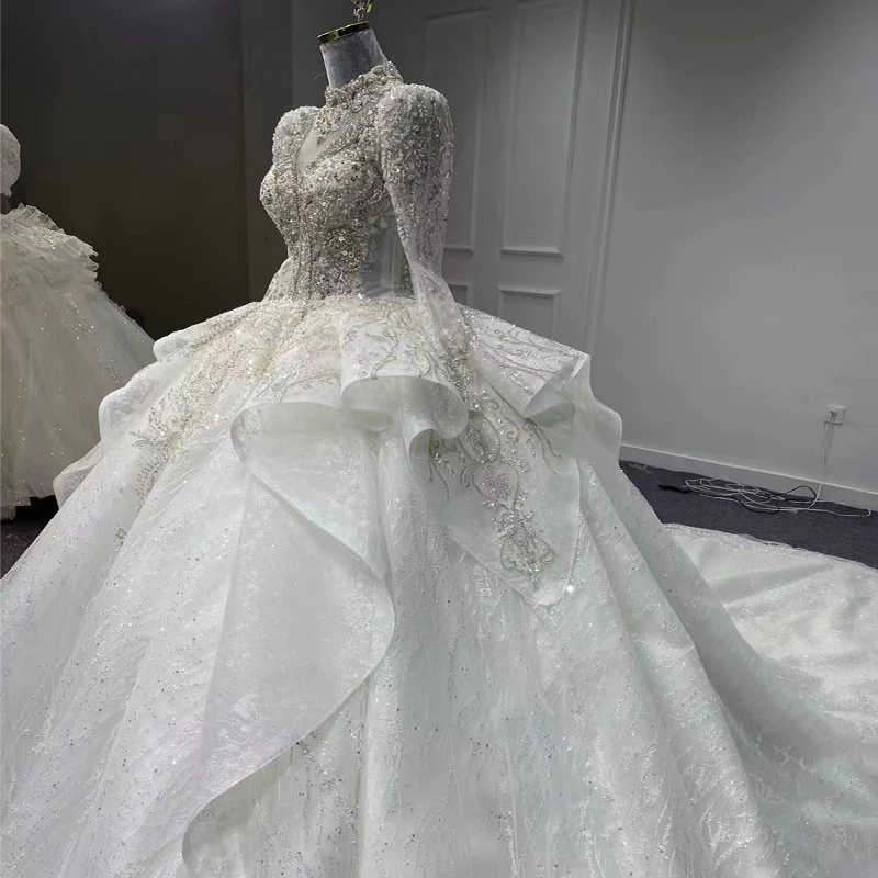 Elegant Wedding Dresses 2022 Organza Ball Gown High Neck Wedding Gown For Bride sequined Crystal MN87 Vestido De Noiva 3