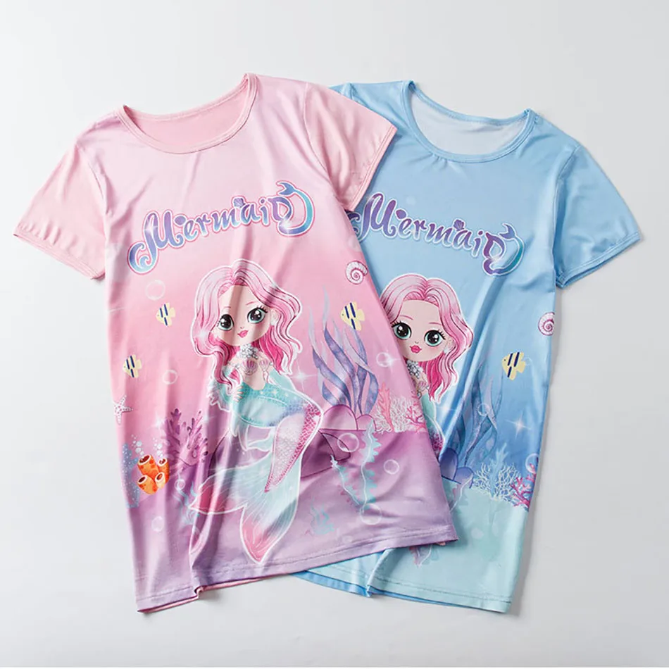 Children's Clothing Summer Short Sleeved Princess Dress Girl Mermaid Print Ice Silk Cute Sleeping Dress Sleepwear Nightgowns