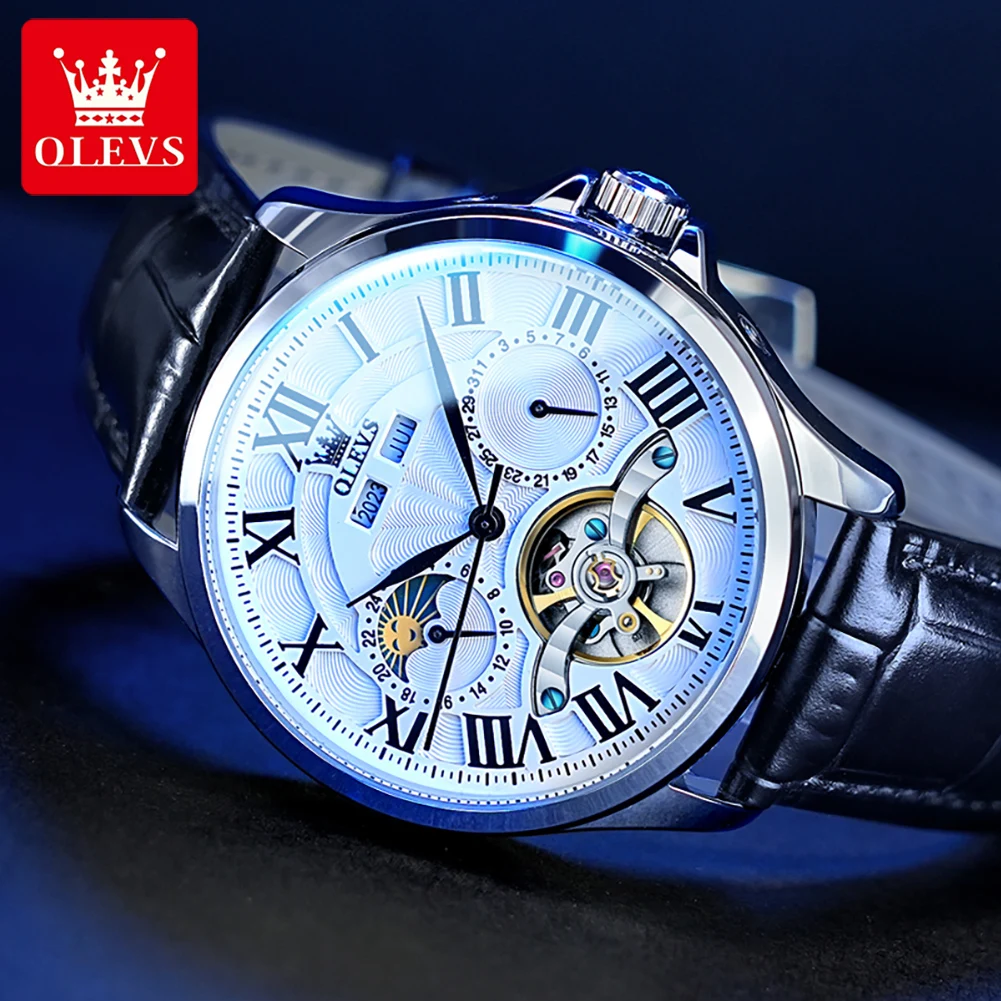OLEVS 7013 Watch For Men Roman Scale Hollow Skeleton Waterproof Business Man Watches Moon Phase Automatic Mechanical Wristwatch