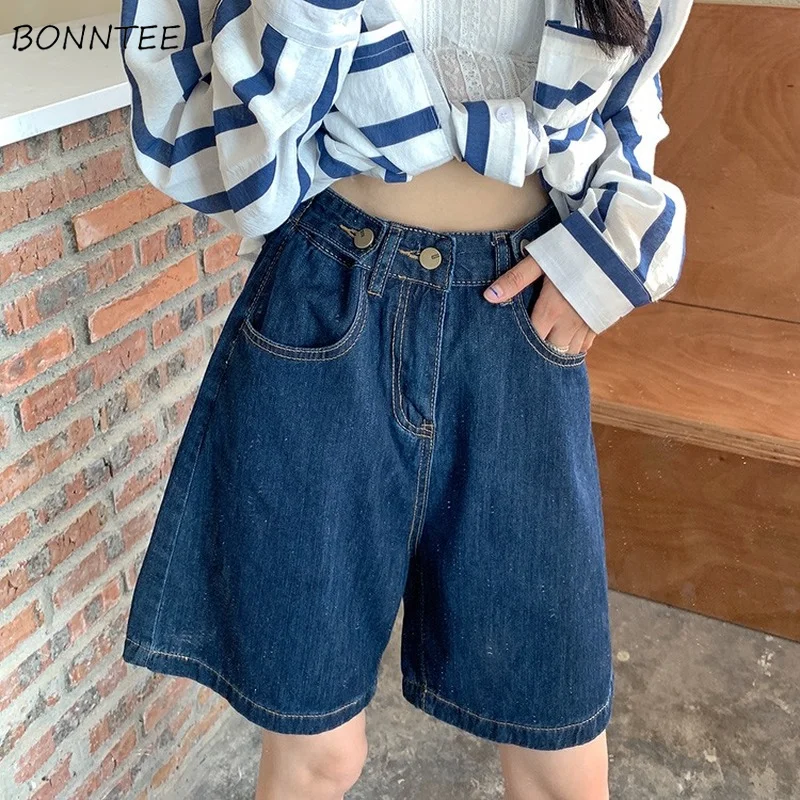 Retro Shorts Women High Waist Straight Summer Denim Baggy Students Soft Simple All-match Unisex Street Wear Chic Leisure Popular