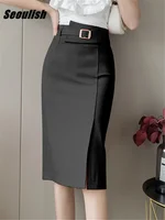 Seoulish Spring Summer Buttons Women's Wrap Midi Skirts 2025 New High Waist Workwear Front Split Sheath Pencil Skirts Female
