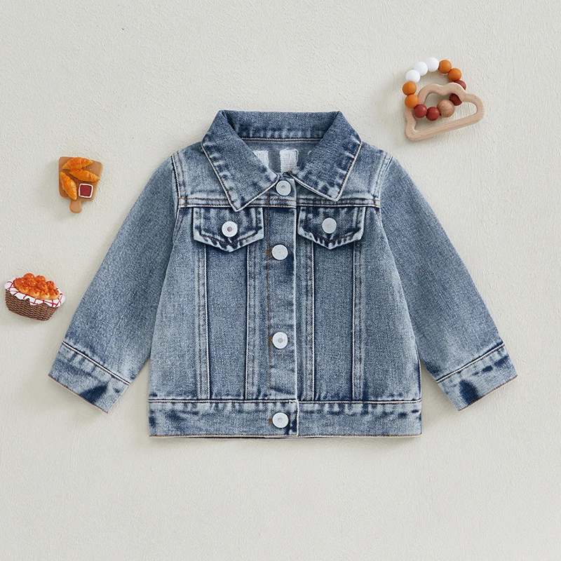 VISgogo 0-3 Years Toddler Boy Girl Denim Jacket Back Letter Embroidered Lapel Neck Long Sleeve Front Button-up Fall Tops