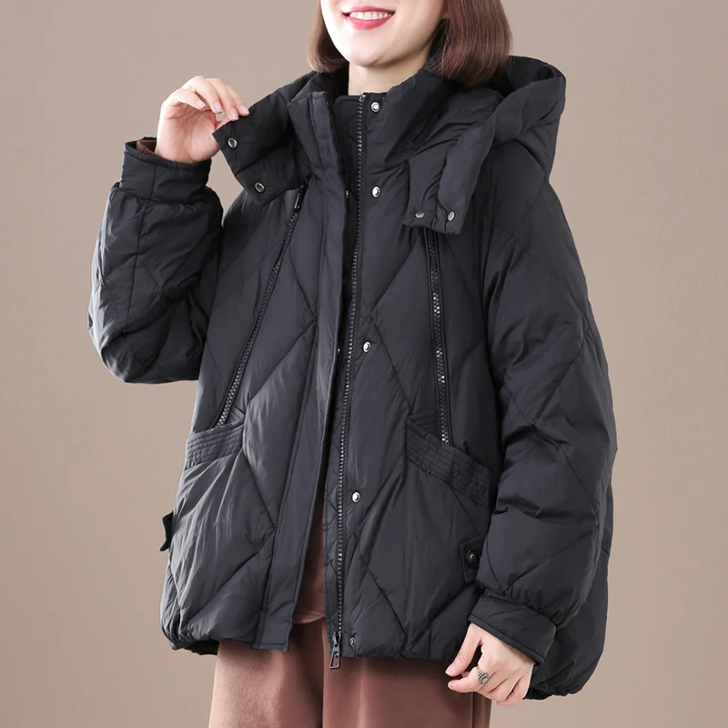 

120-124cm Bust / Autumn Winter Women Loose Plus Size Hooded Brief Comfortable Warm 90% White Duck Down Coats Overcoats