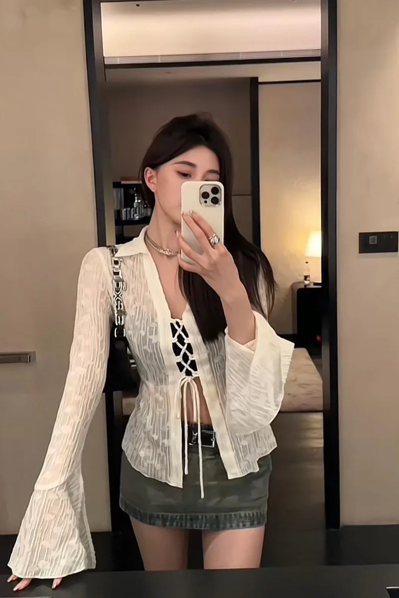 여성 용수철 플레어 소매 쉬폰 셔츠, 레이스업 재킷, 섹시 슬림핏 가디건, 청순 섹시 패션, 여성 의류