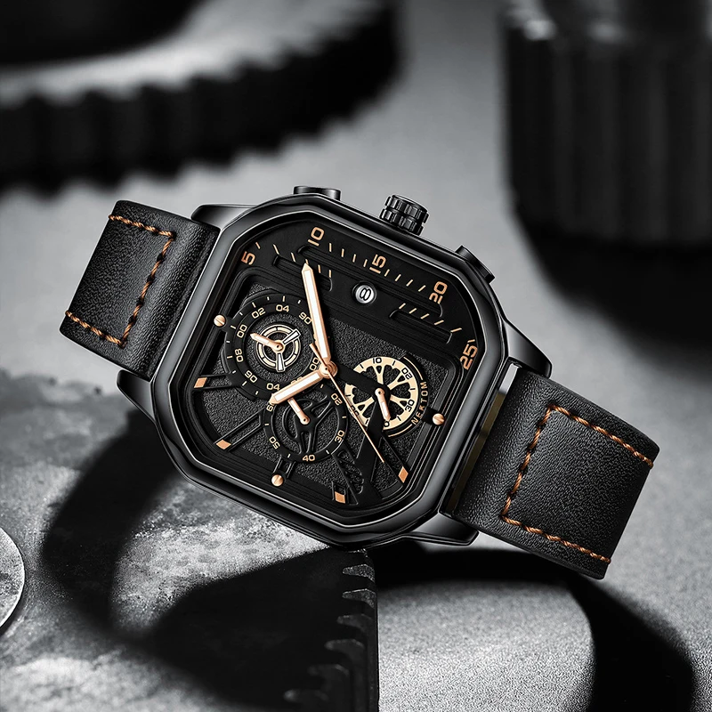 Luxury Men Watch Sport Quartz Waterproof Watches Male Leather Chronograph Luminous Clock Square Skeleton Dial relógio masculino
