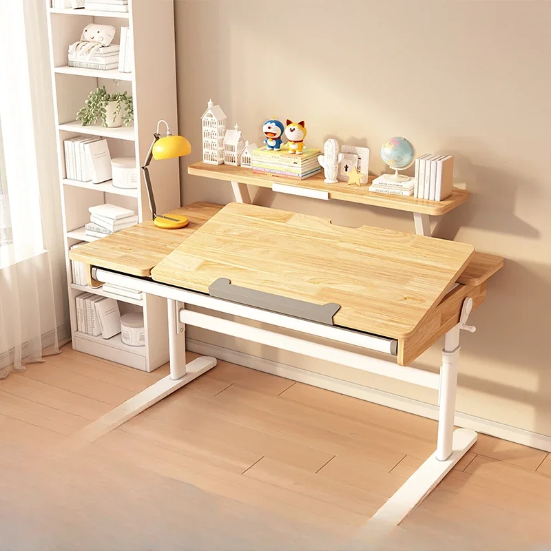 Rubber wood children's study table Primary school student desk Lifting table Solid wood writing Household desks