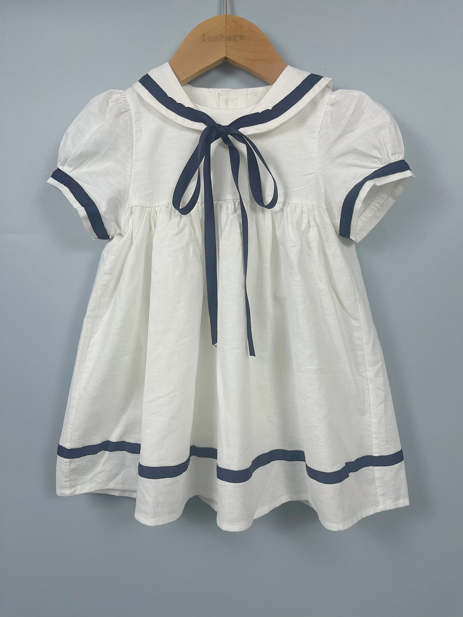 Summer Navy Sister Brother Clothing White Cotton Linen Fabric with Bblack Ribbon Comfortable Breathable Daily Outfit Performance 5