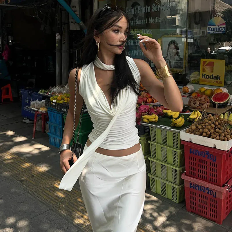 Solid Tank Women Sexy Sleeveless V-Neck Lady Bandage Streetwear Slim Elegant...