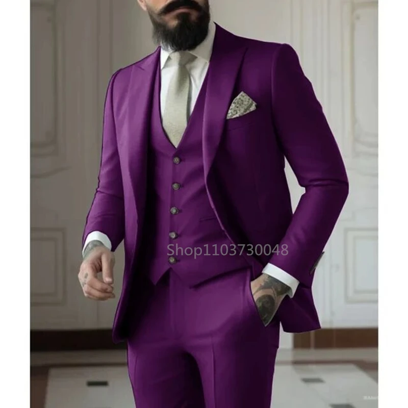 Latest Solid Formal Men's Suit Slim Fit Elegant Groom Tuxedos Wedding Business Party Suits 3 Pieces Sets (Jacket+Vest+Pants)