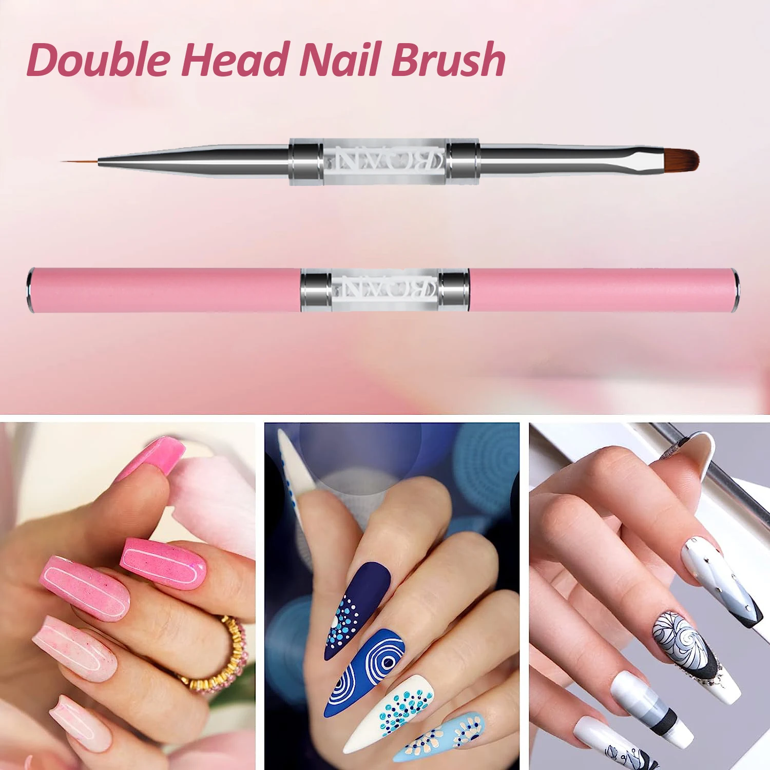 BQAN  Double Head Pink Crystal Handle Drawing Brush Liner Brush Painting Pen Gel Polish Crystal Nail Art Manicure Tools 6