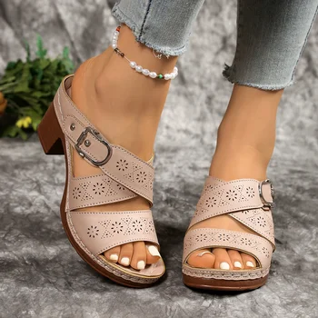 شباشب نسائية صيفية عصرية جديدة خفيفة الوزن برأس مستدير مفتوحة من الأمام/مقدمة ضحلة شباشب مثيرة ومريحة بكعب عالي 2