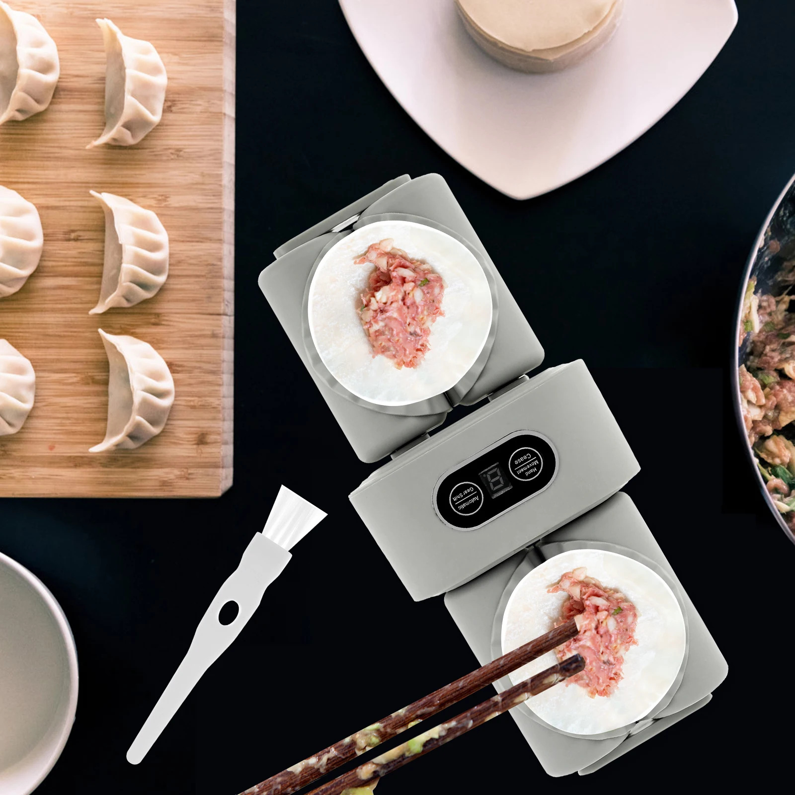 Electric Dumpling Maker Double Head Dumpling Maker Press Automatic Machine with Spoon Brush Rechargeable