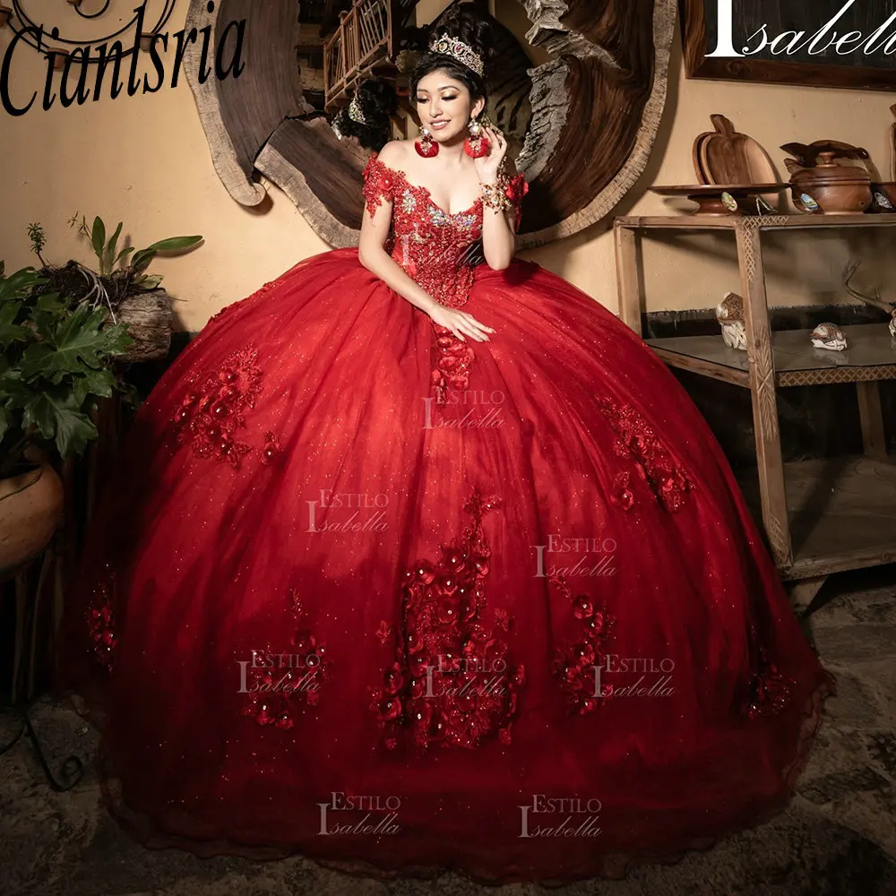 

Red 3D Flowers Appliques Lace Mexican Quinceanera Dress Ball Gown Off The Shoulder Beading Crystal Corset Vestidos De XV Anos