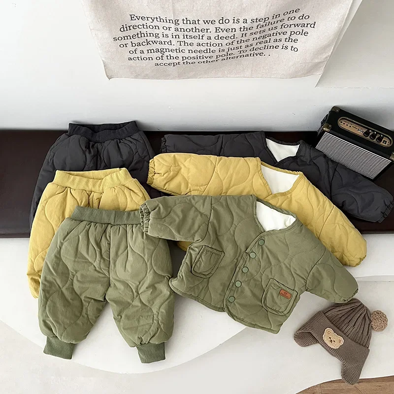 

Autumn Winter Kid Solid Homewear Coat Suit Boy Girl Children Retro Thicken Warm Cotton Tops + Pants 2pcs Baby Casual Jacket Set