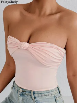 Fairyshely Sexy Summer Solid Push Up Top 2026 Women Strapless Bandeau Bodycon Tops Lady Sleeveless Off Shoulder Club Clothes
