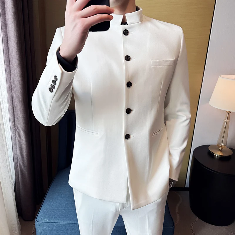 Chinese Style Stand Collar Suit 2-piece Set Men's Elegant Zhongshan Suit Business and Leisure 2-piece Set (jacket+pants)