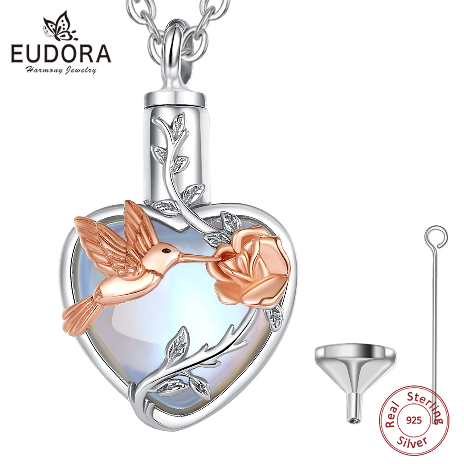 925 Sterling Silver Hummingbird Rose Ashes Urn Pendant Necklace Tree of Life Moonstone Cremation Urn Memorial Jewelry