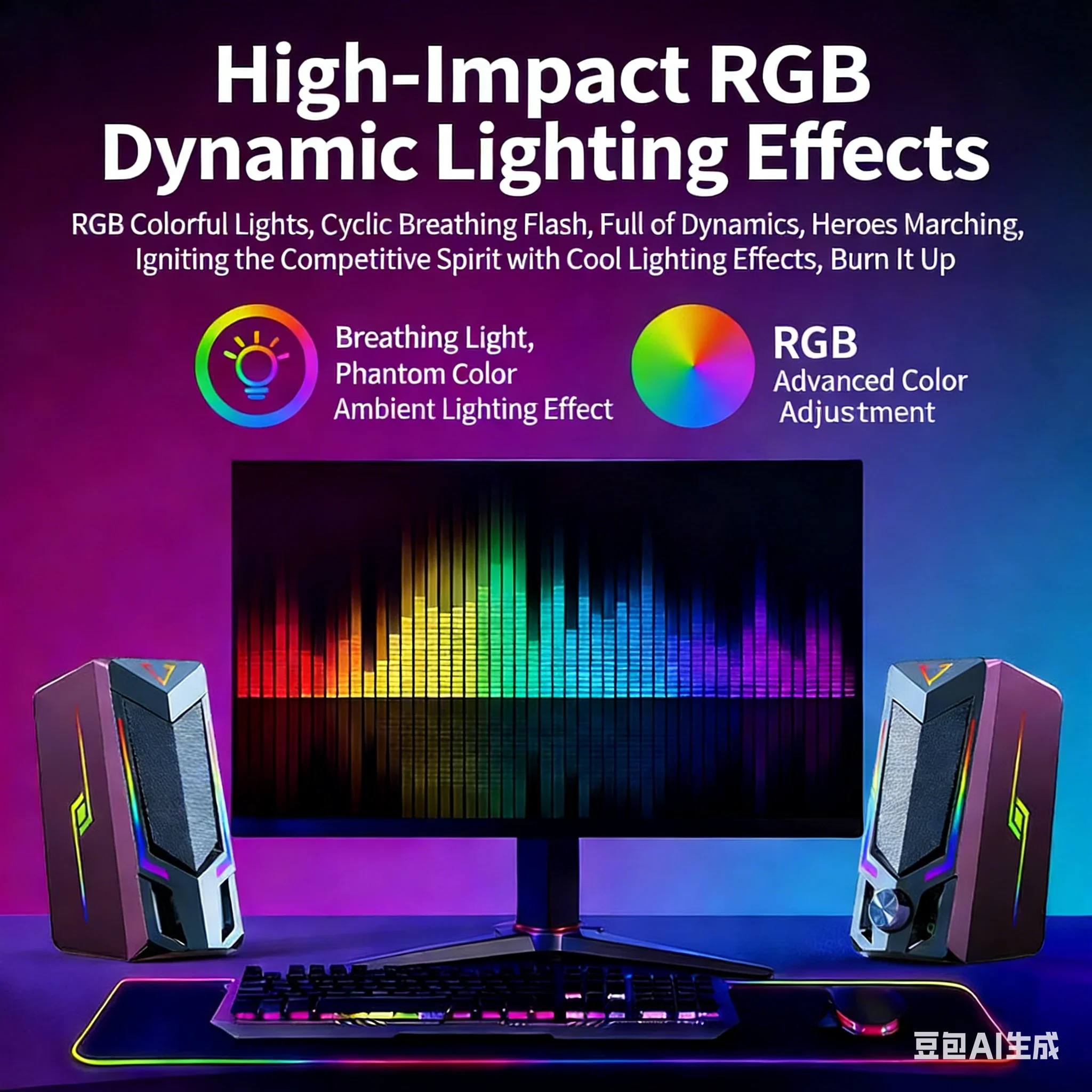 데스크탑 RGB 게이밍 스피커 블루투스 5.3, 2.0 채널 하이파이 서라운드 사운드, USB 타입-C 플러그 앤 플레이 PC 게임/엔터테인먼트용