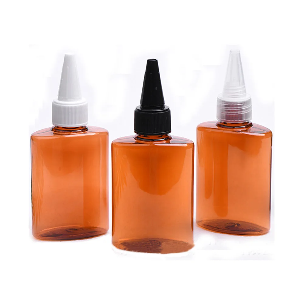 5pcs/Pack 60ml Refillable Squeeze flat shape brown PET plastic lotion cosmetics bottle with plastic Pointed mouth cap