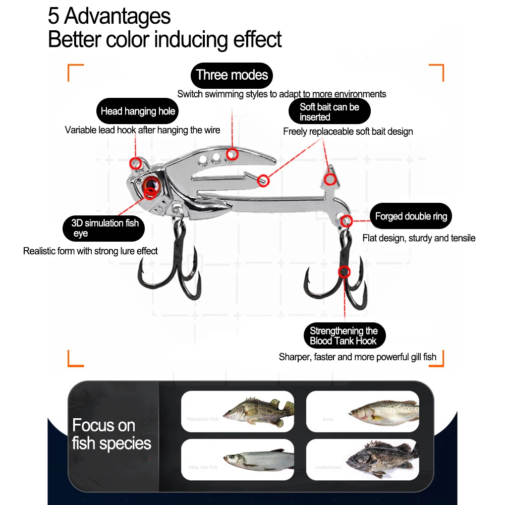 1 pz 4.3/5/5.8cm Metal Blade Bait piastra di ferro a lungo raggio VIB Lure Bait Groove Hook Hard Treble Hook accessori per la Pesca Pesca